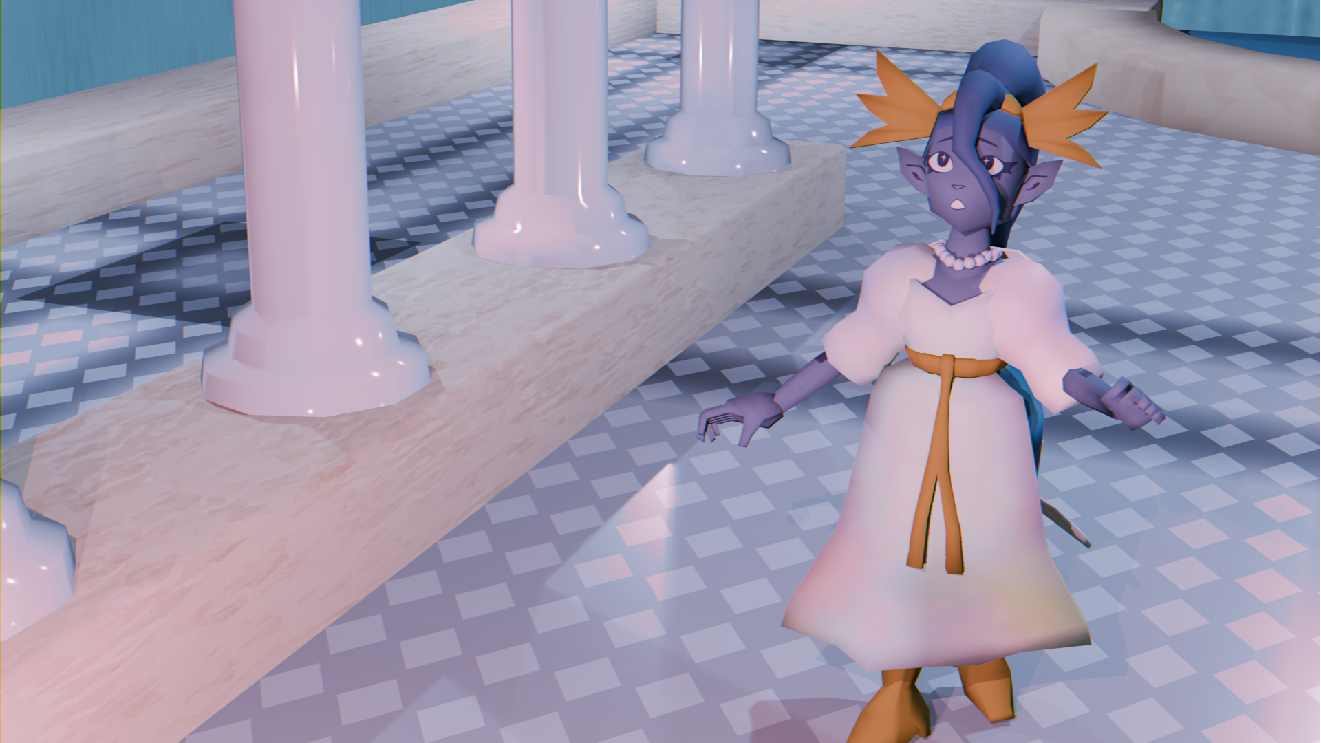Cartoon Character in a Marble Hallway